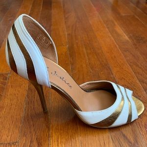 Rough Justice White and Gold Peep Toe Heels